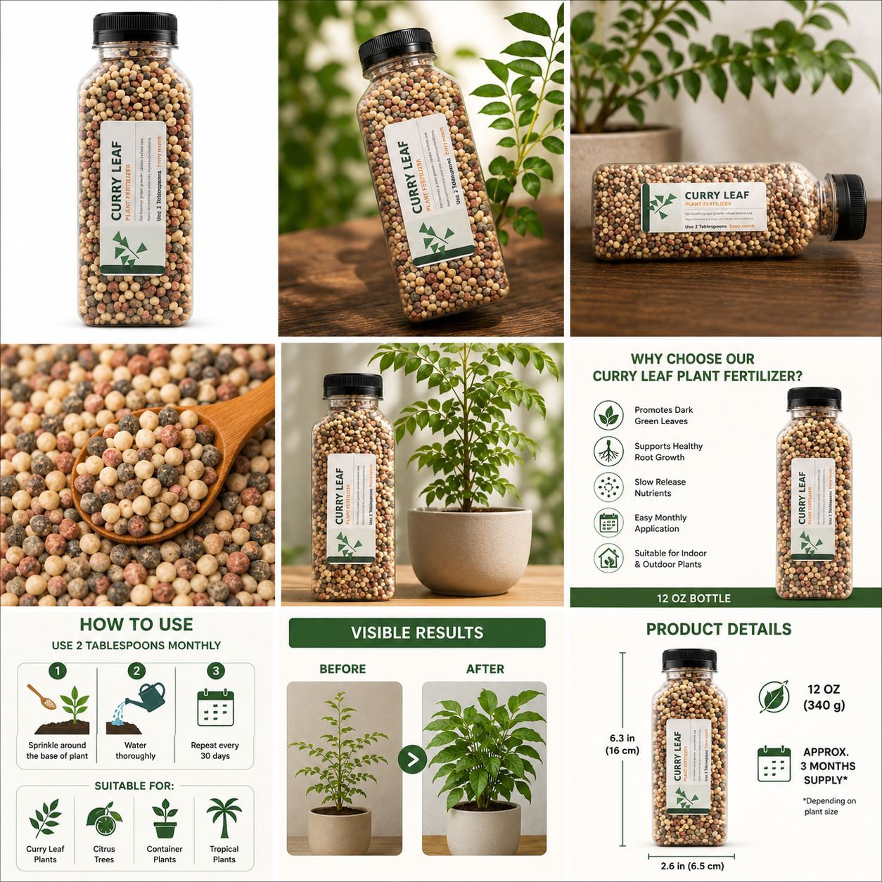 Curry Leaf Plant Fertilizer | Premium Slow Release Granules | Indoor & Outdoor Curry Tree Food | Healthy Leaf Growth | 12 oz Bottle